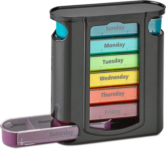 Multicolored pill organizer with days of the week labels on a white background