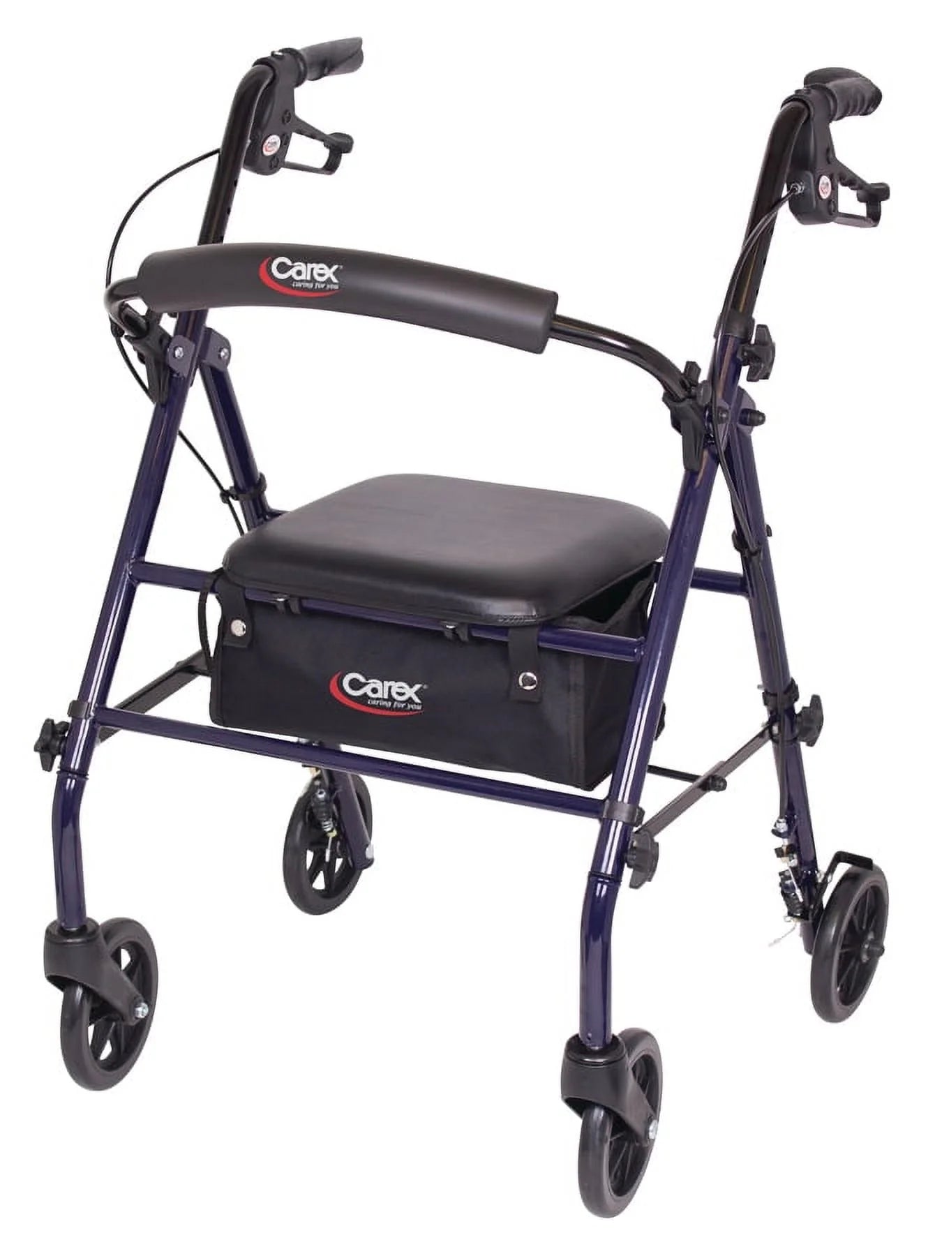 Navy blue walker with a seat and Carex logo on a white background