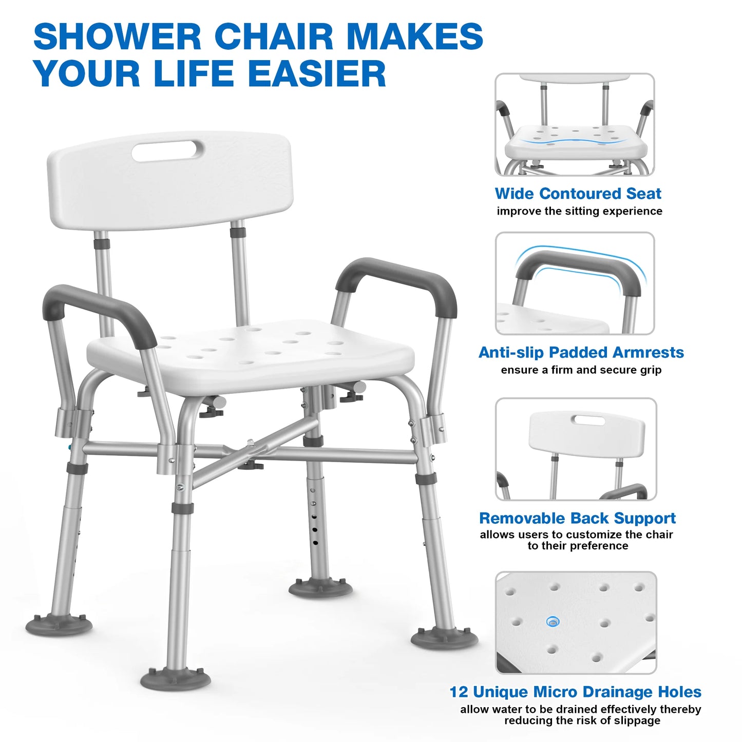 Shower chair with features highlighted on a white background