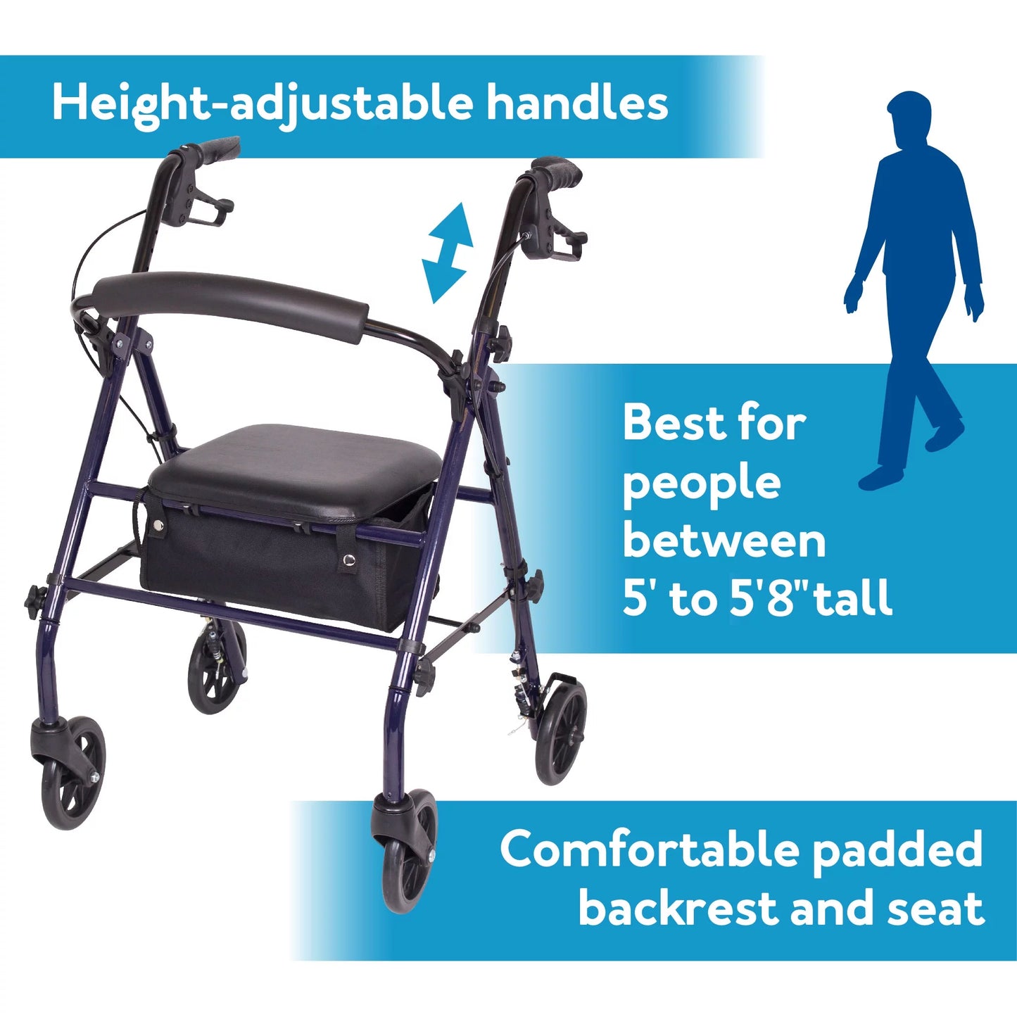 Rollator with height-adjustable handles and comfortable backrest on a white background