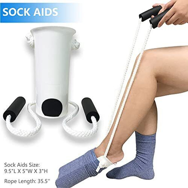 Sock aid device with a person using it to put on socks, showing product and usage.