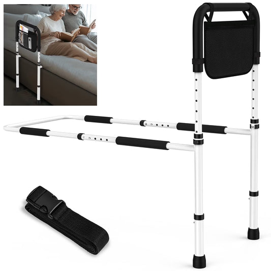 Bedside safety rail with a strap, inset showing its use on a bed.