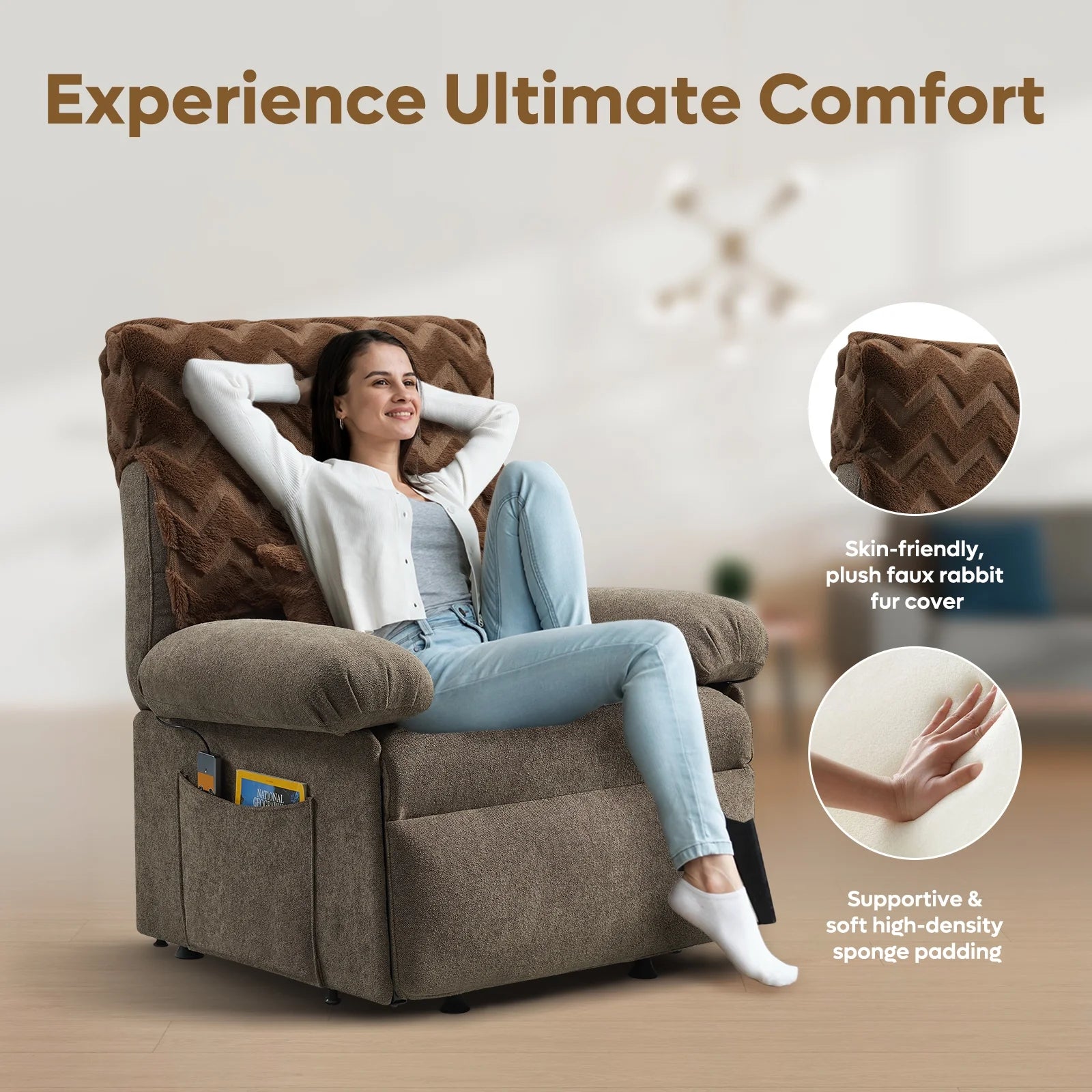 Woman relaxing in a brown recliner chair with text highlighting comfort features.