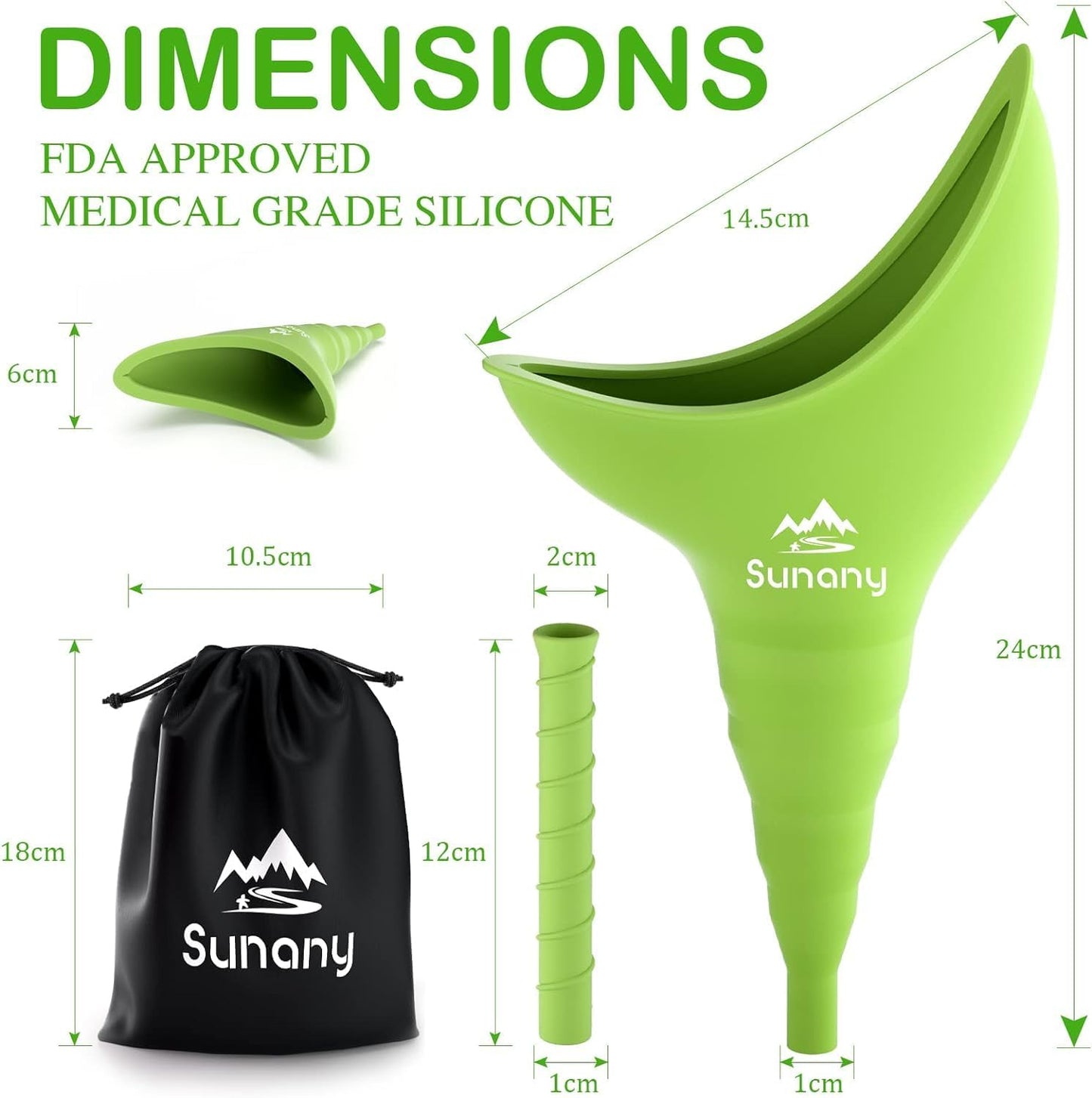 Green silicone funnel with measurements and Sunany branding on a white background