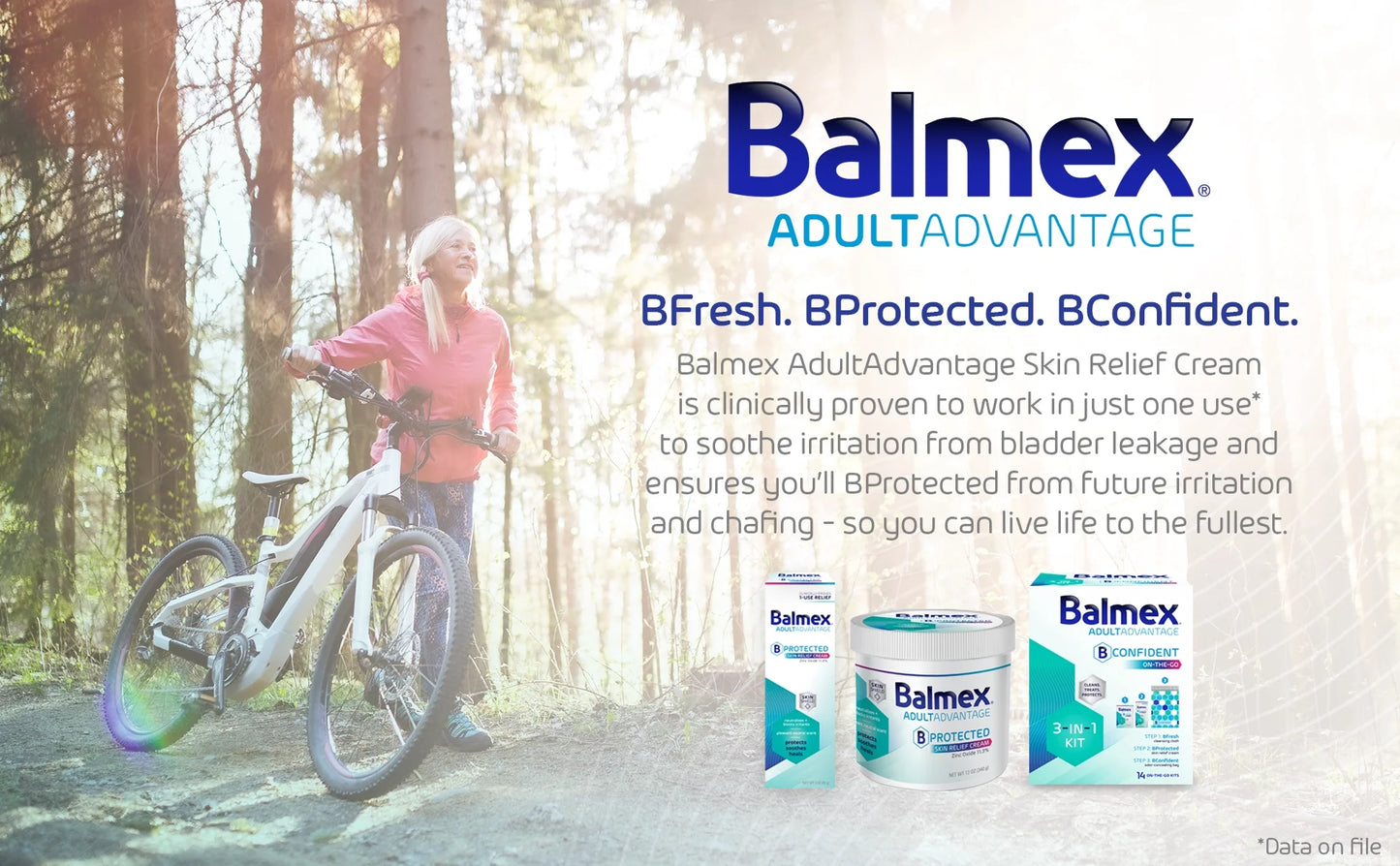 Person with a bicycle in a forest setting with Balmex Adult Advantage products displayed.