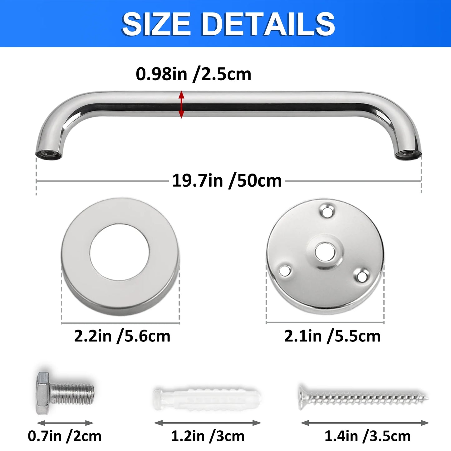 Measurement chart of a metallic handle and its components with dimensions labeled.