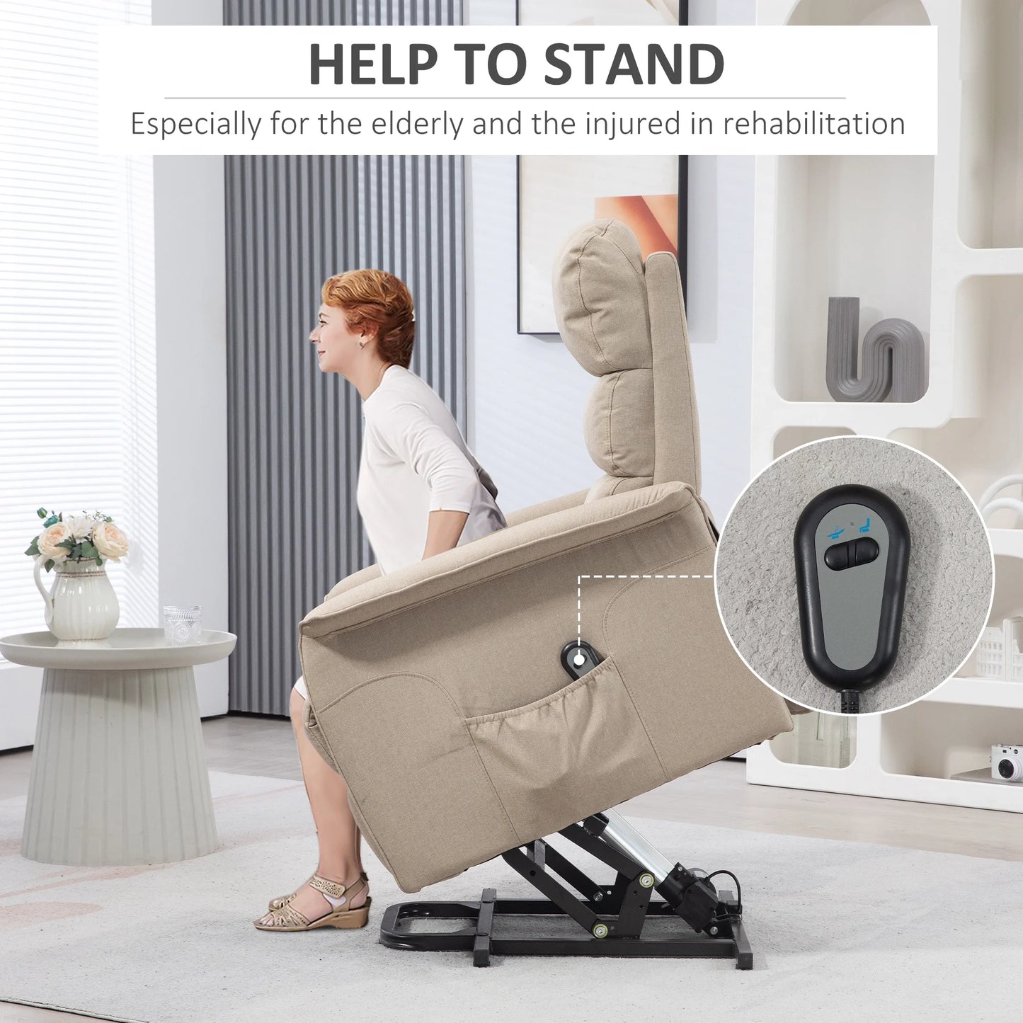 Recliner chair with lifting mechanism for elderly and injured people in a home setting.