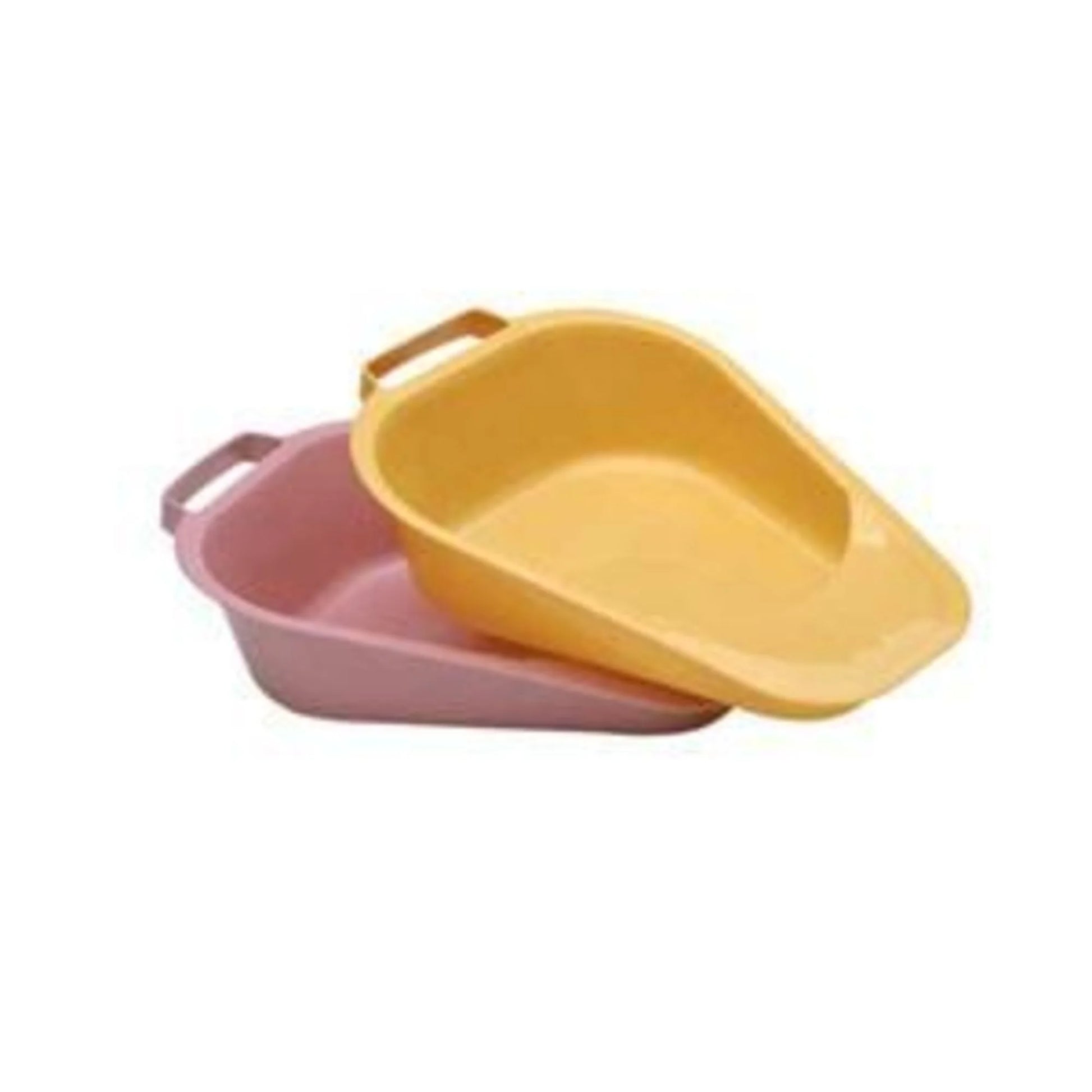 Two colorful pet bowls, one pink and one yellow, on a white background.