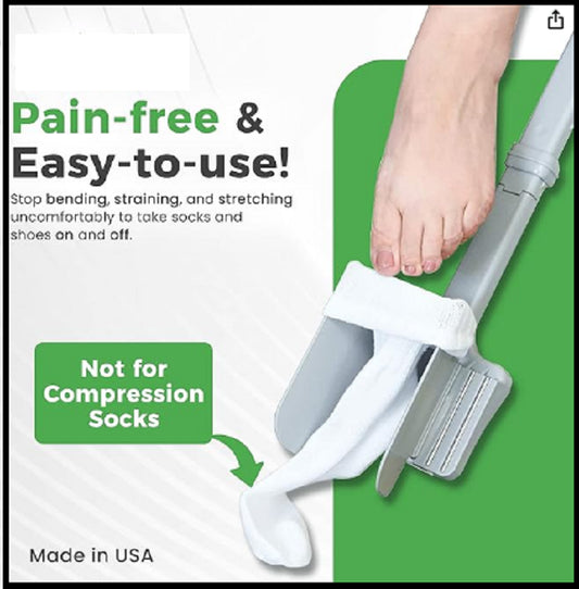 Product advertisement for a sock aid with text 'Pain-free & Easy-to-use!' and 'Not for Compression Socks'.