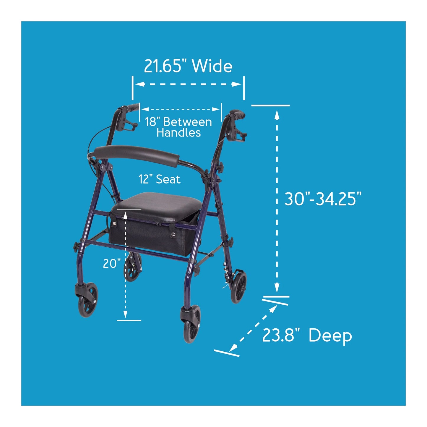 Measurement chart of a walker with dimensions on a blue background