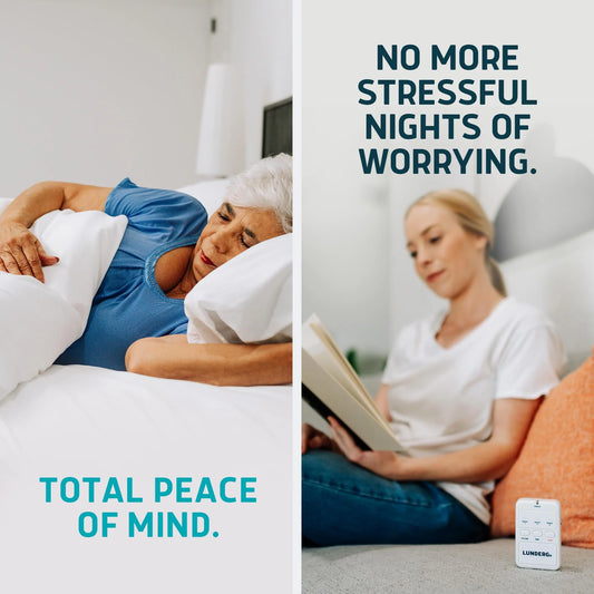 Woman lying in bed with discomfort, then reading a book on a couch with a device labeled 'Lumie' displayed.