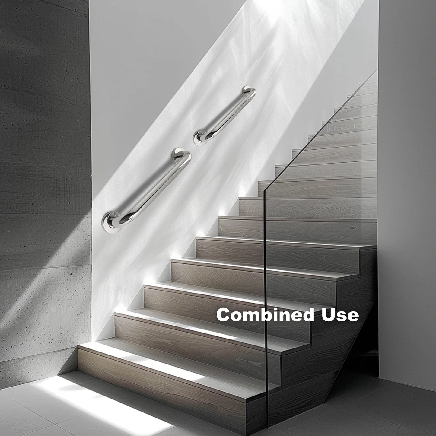 Modern staircase with glass balustrade and metal handrails, labeled 'Combined Use'.