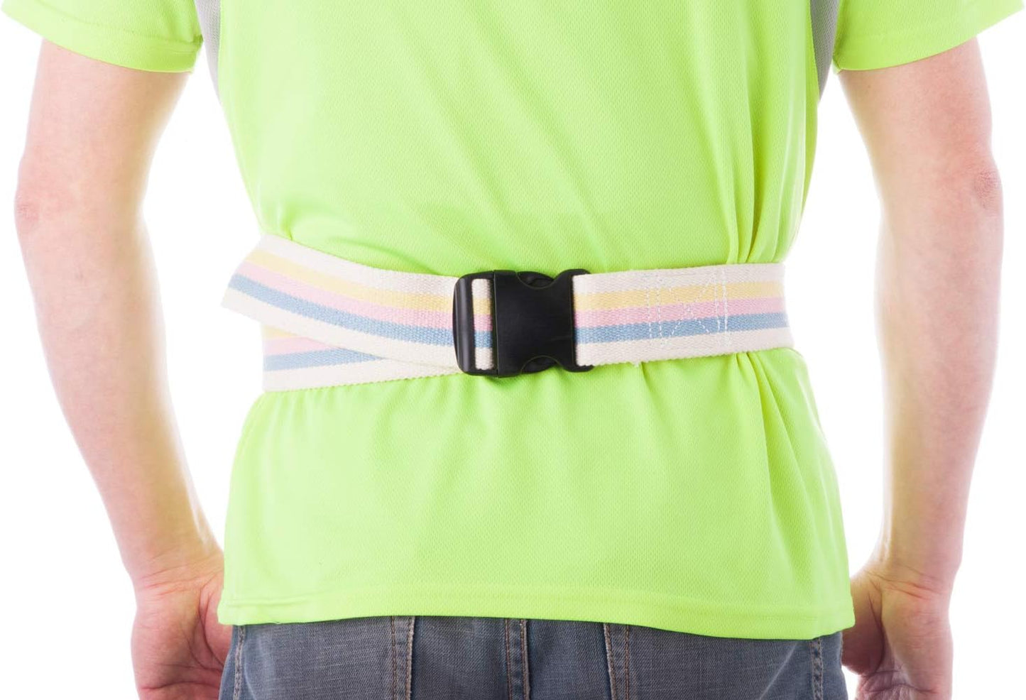 Person wearing a green shirt with a colorful belt on a white background
