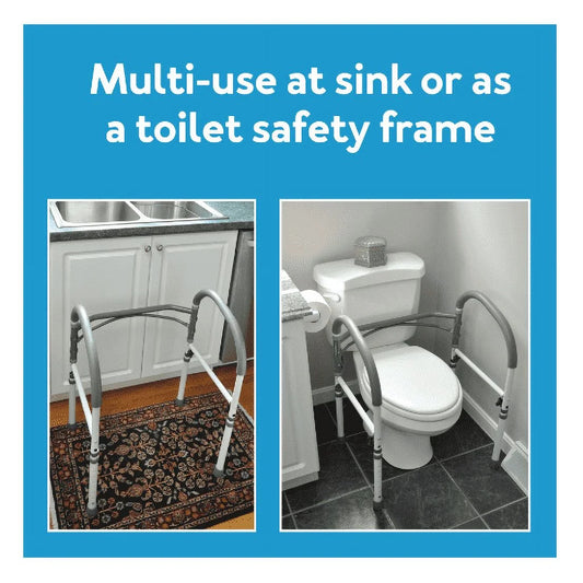 Carex toilet safety rails installed around a standard toilet. Provides safe, supportive access for elderly and mobility-impaired users.