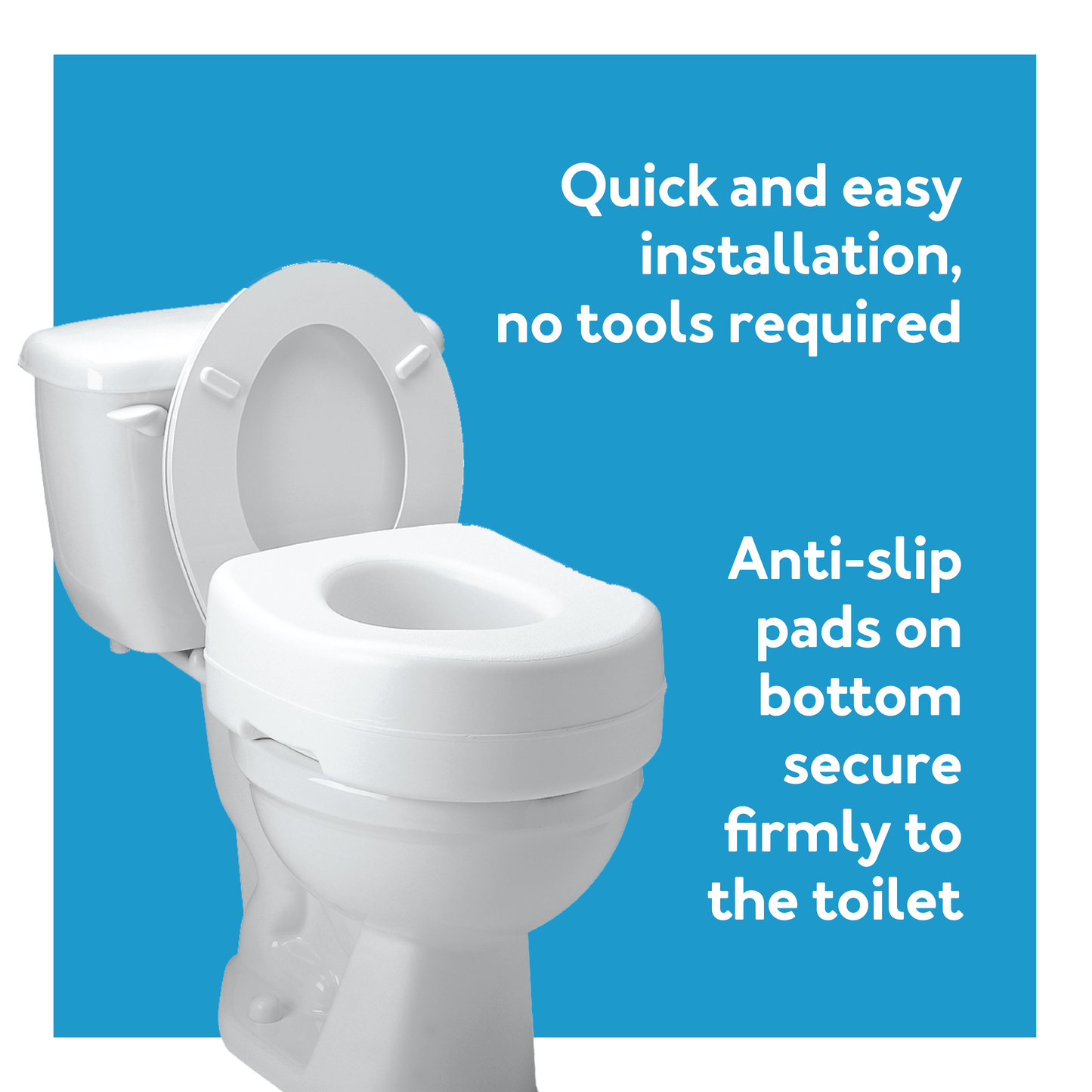 Carex Raised Toilet Seat installed on standard toilet. Designed for mobility support and easy sit-to-stand.