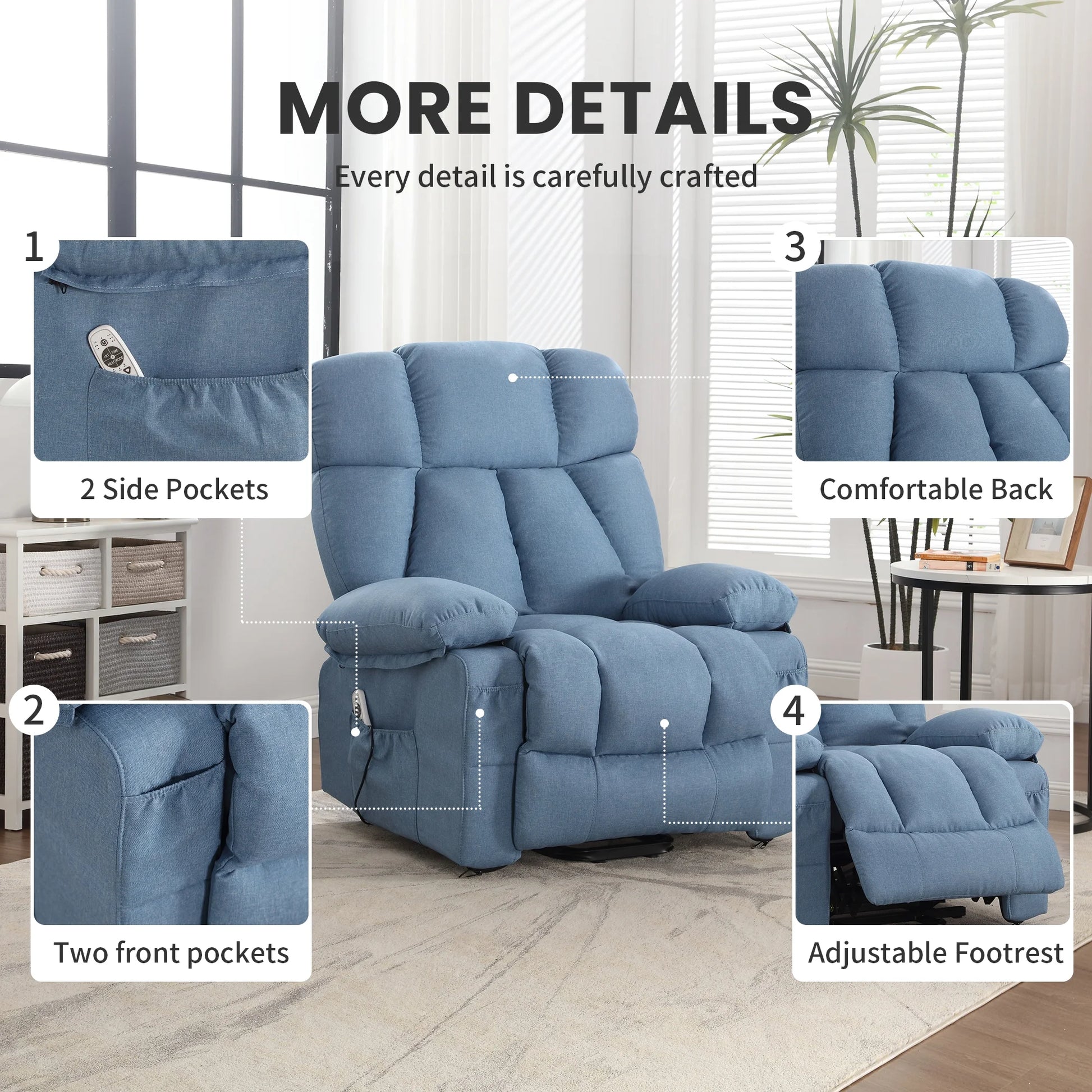 Blue recliner chair with features highlighted in a living room setting