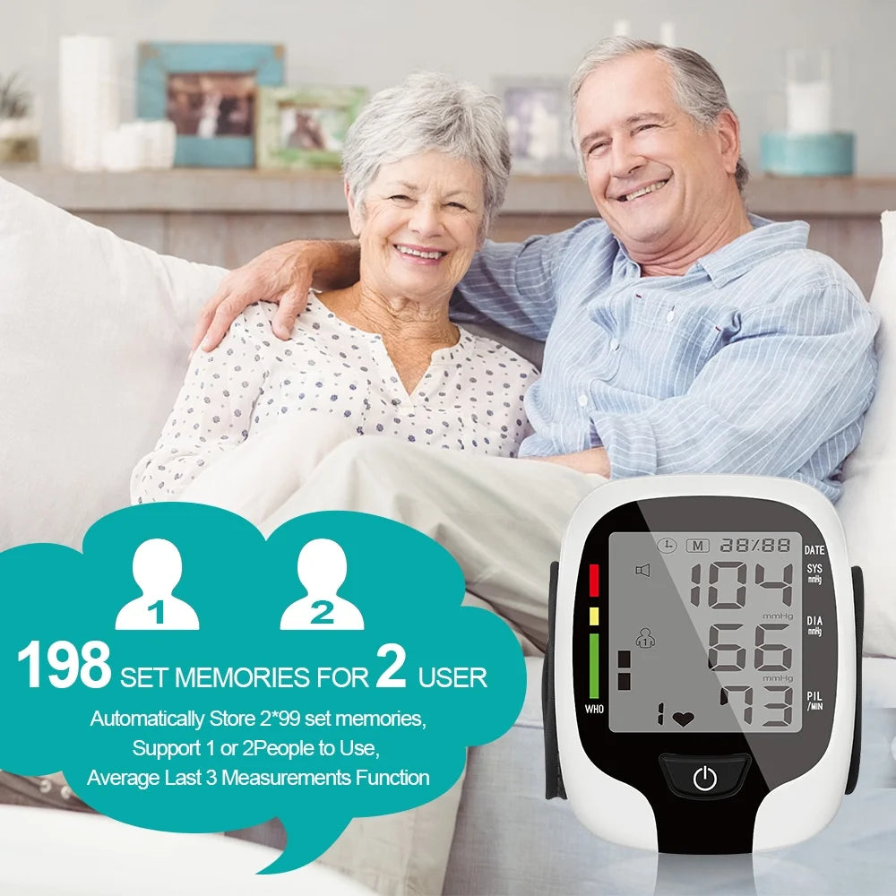 Couple sitting on a couch with a blood pressure monitor in front of them, displaying health information.