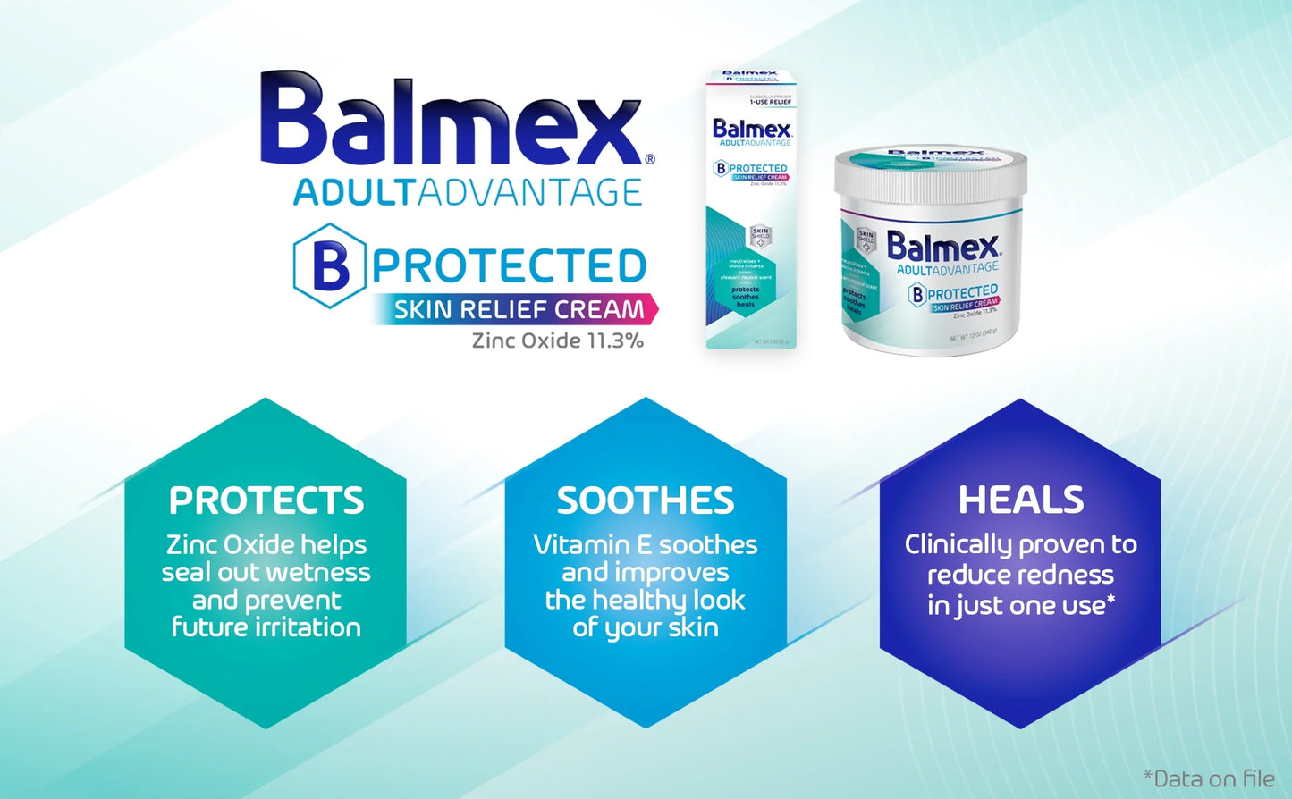 Balmex Adult Advantage skin relief cream packaging with product features on a light blue background