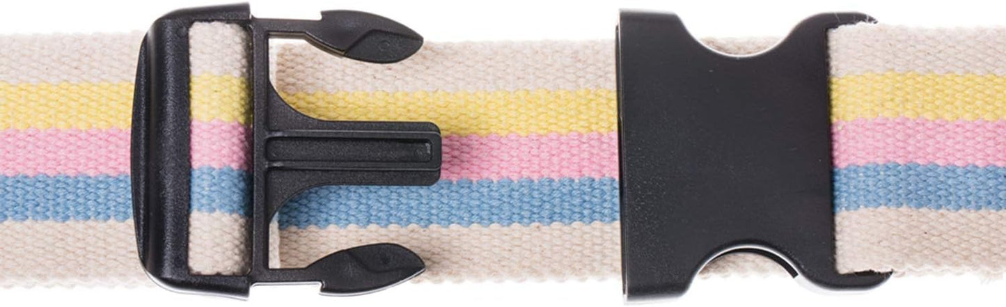 Multicolored striped belt with a black buckle on a white background