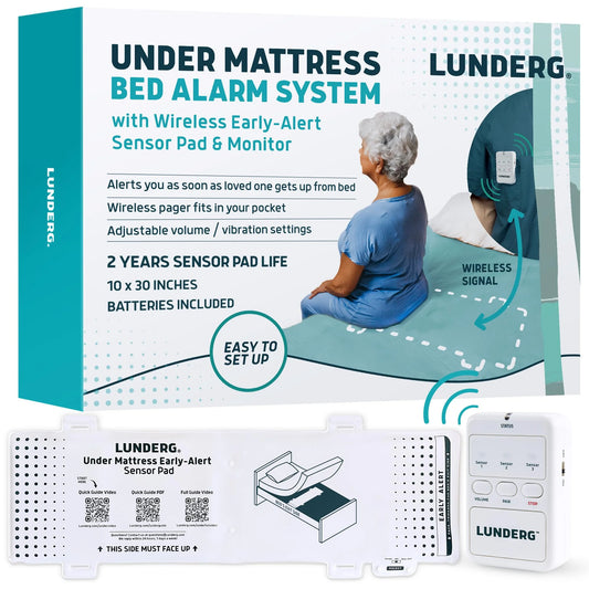 Lunderg under mattress bed alarm system packaging with product display