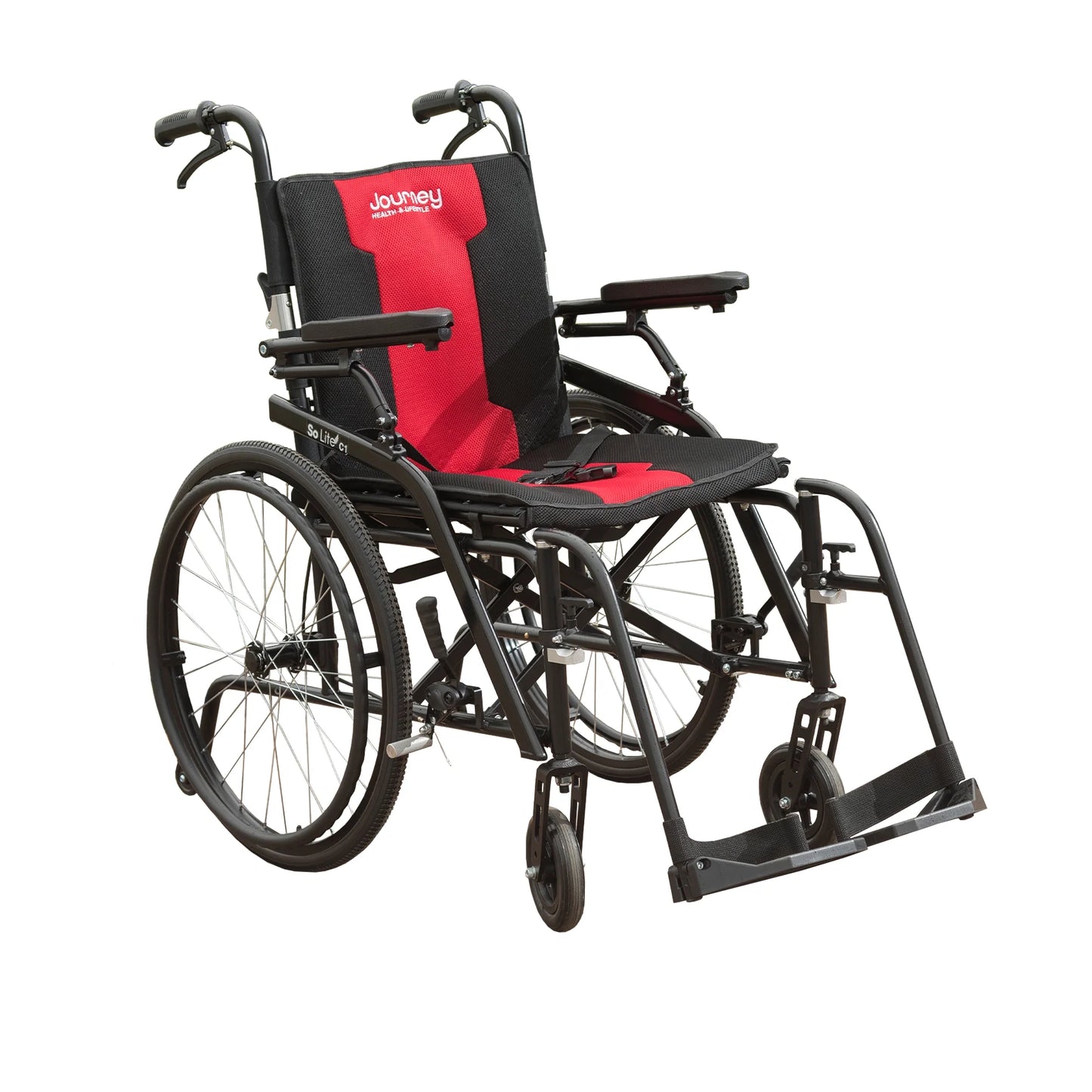 Wheelchair with red and black seat on a white background