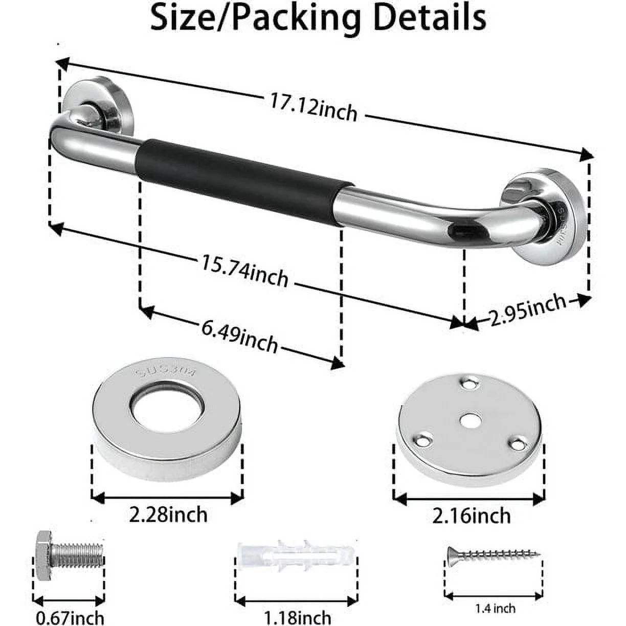 Measurement chart of a grab bar with dimensions and accessories on a white background