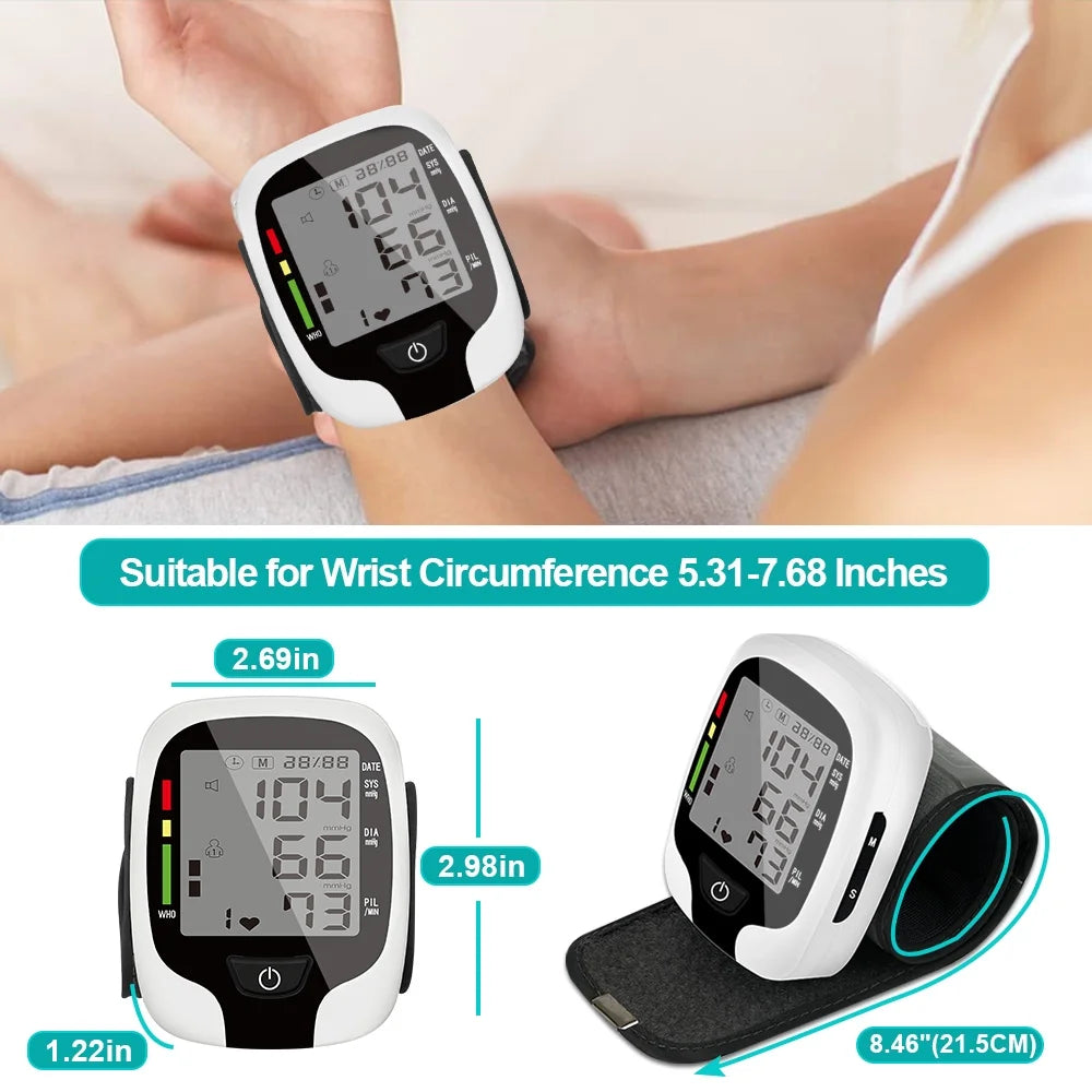 Wrist blood pressure monitor with measurements on a wrist, suitable for wrist circumferences 5.31-7.68 inches.
