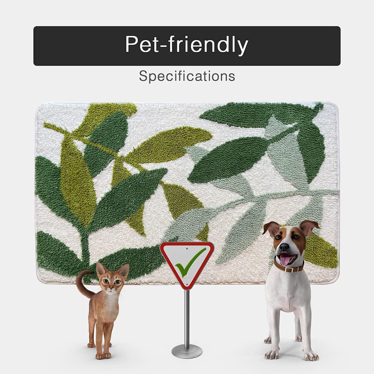 Pet-friendly doormat with leaf pattern, cat, and dog standing on either side, and a check mark sign.
