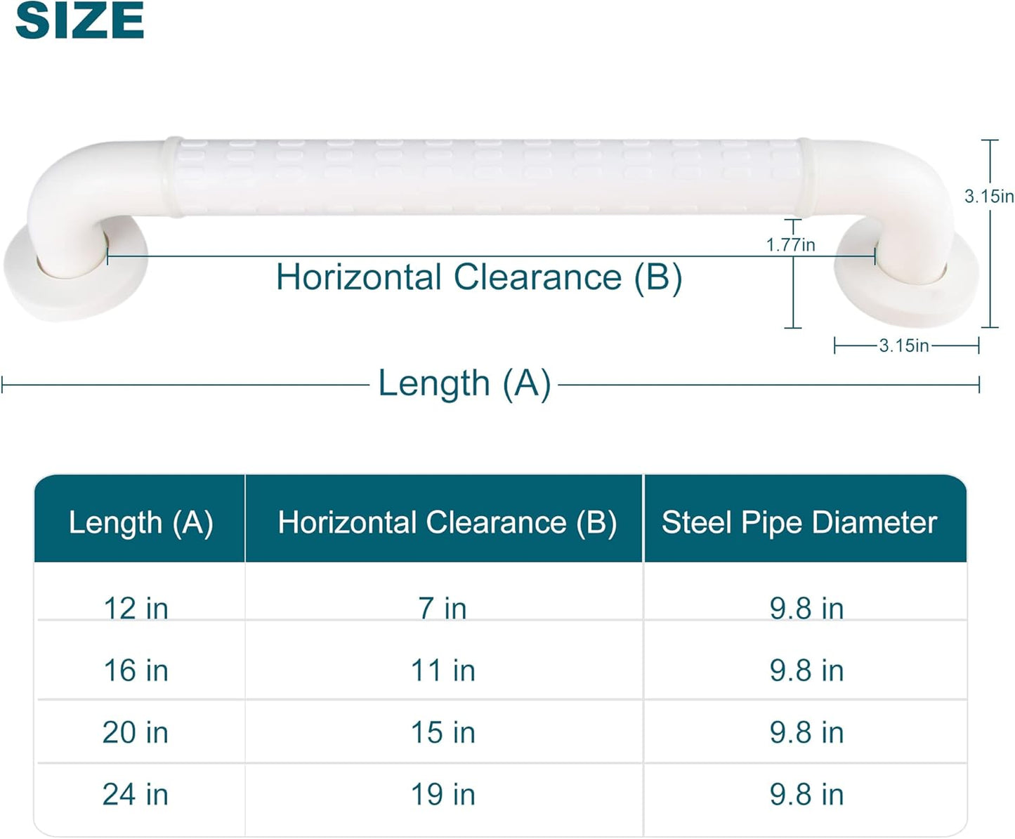 Measurement chart for a steel pipe with dimensions labeled and a table of measurements.