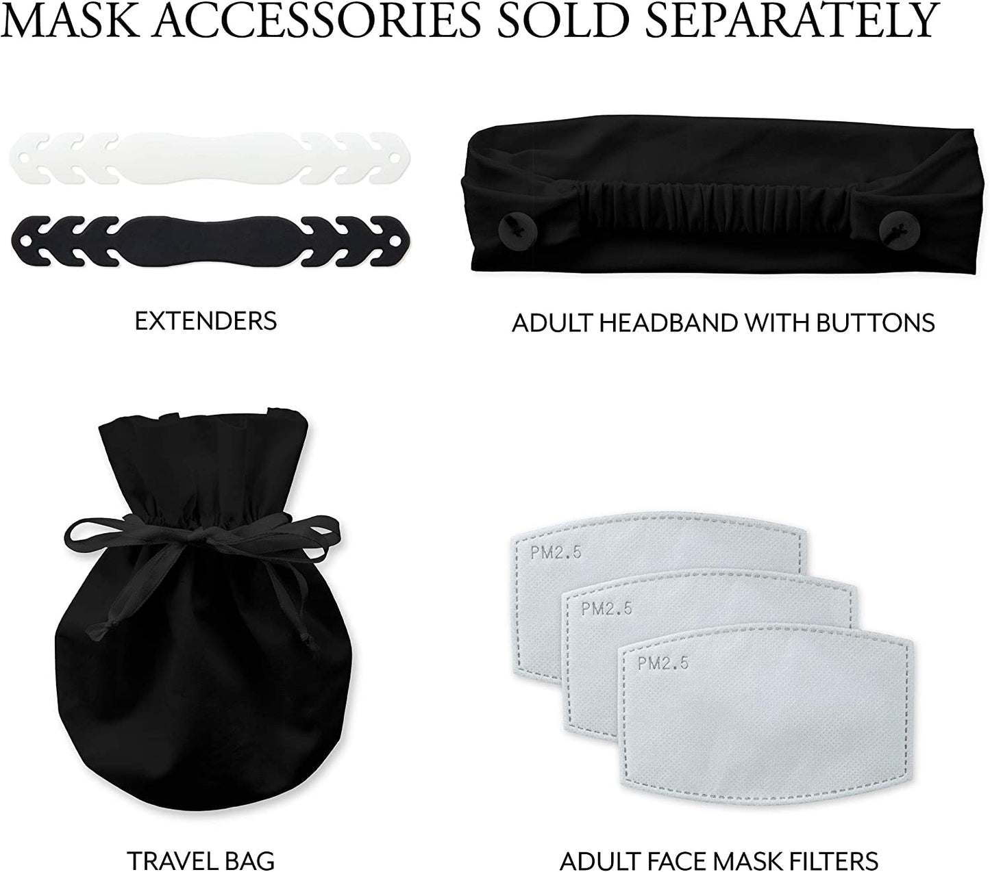 Collection of mask accessories including extenders, headband with buttons, travel bag, and face mask filters on a white background.