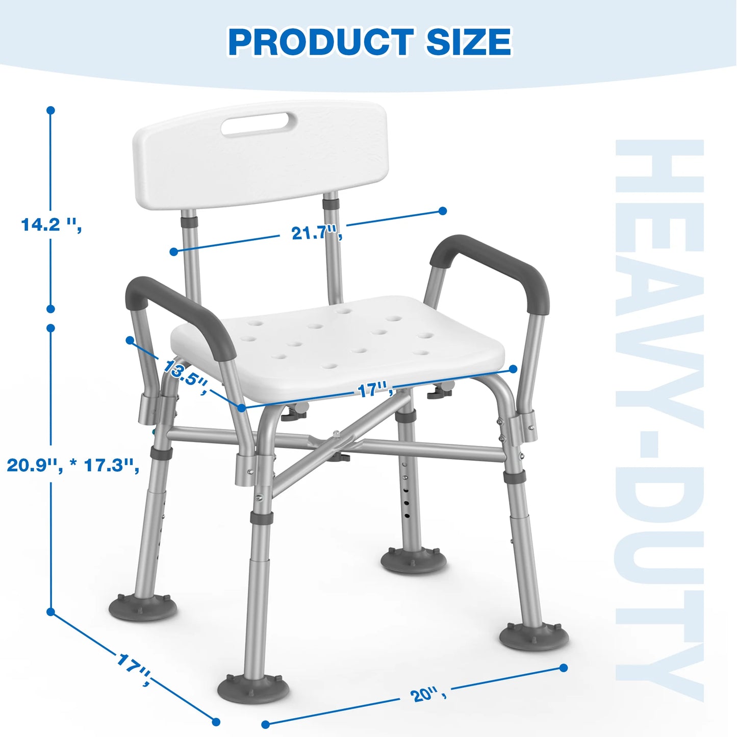 Heavy-duty shower chair with dimensions on a white background