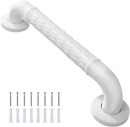 White grab bar with mounting screws on a white background