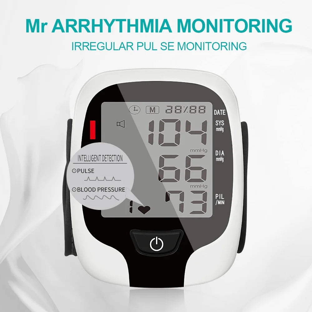 Digital blood pressure monitor with text indicating arrhythmia monitoring on a white background