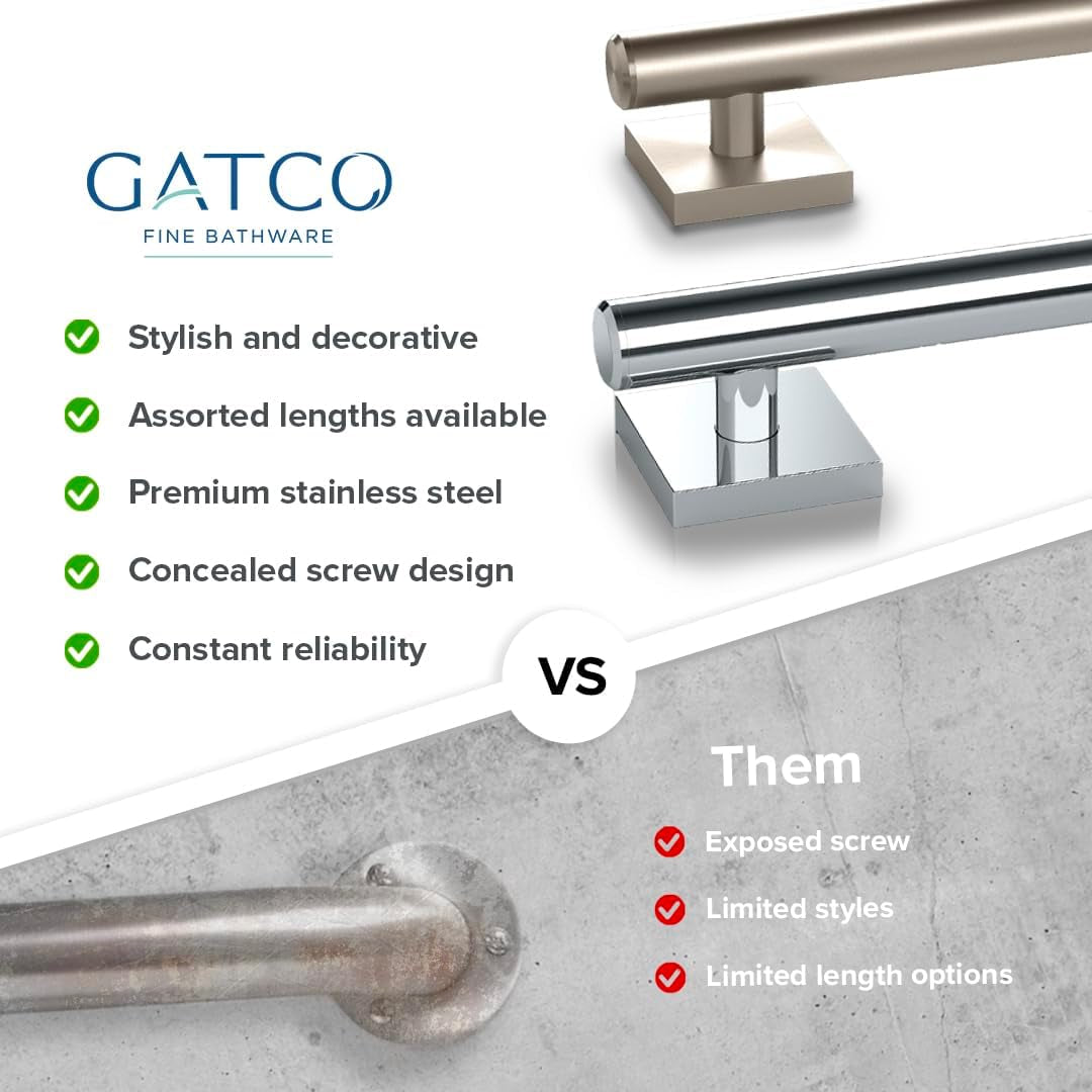 Gatco bathroom hardware with features listed on a white background