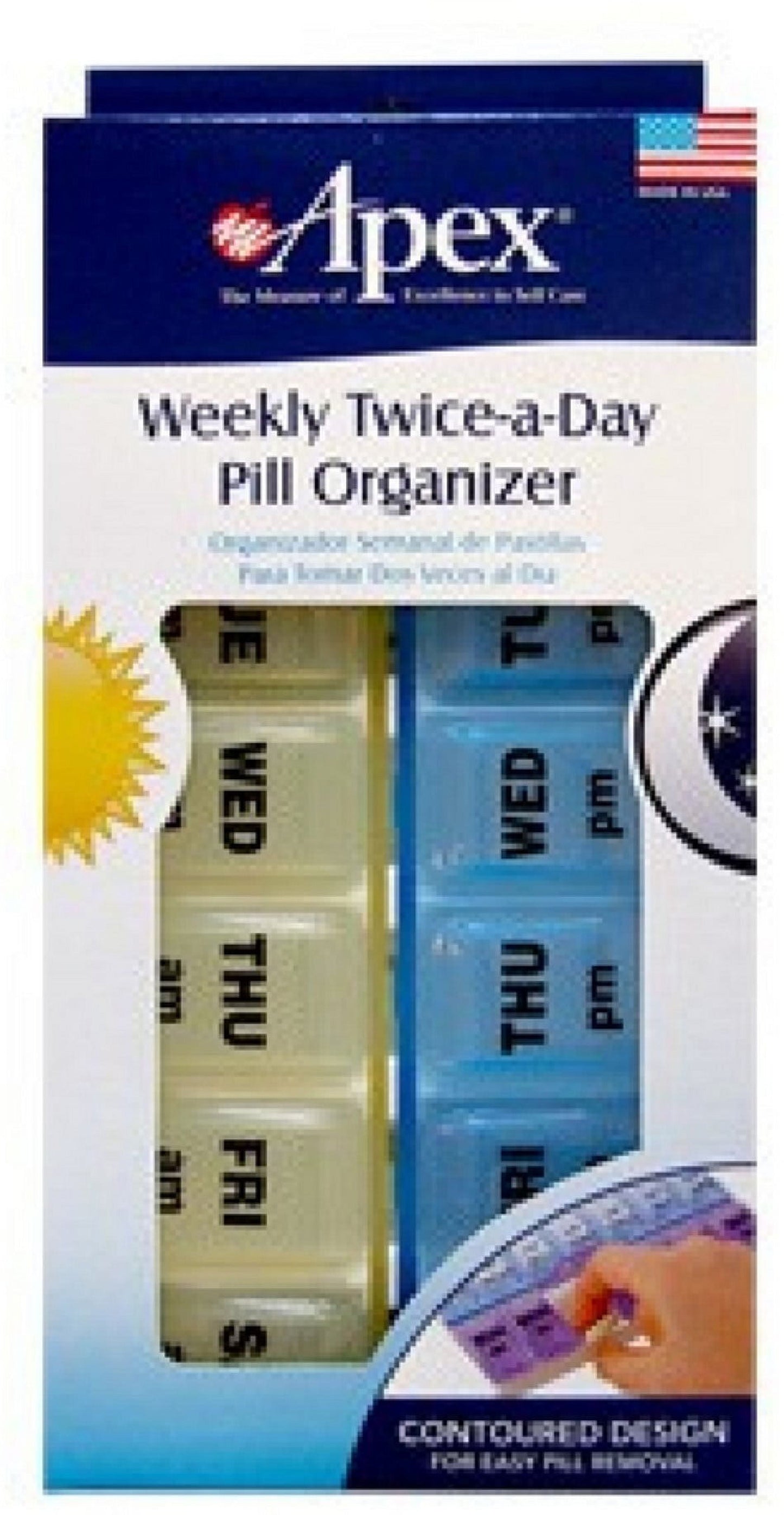 Apex weekly twice-a-day pill organizer packaging with illustrations of a sun, hand, and moon.