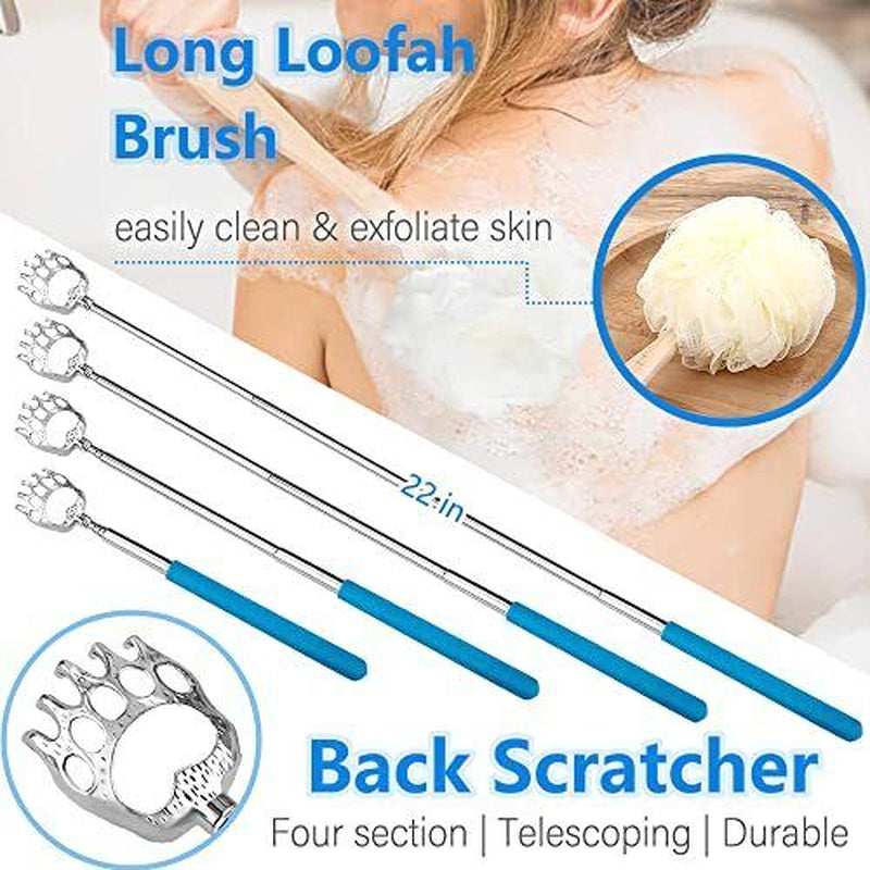 Long loofah brush with telescoping handle and back scratcher attachment, used for cleaning and exfoliating skin.