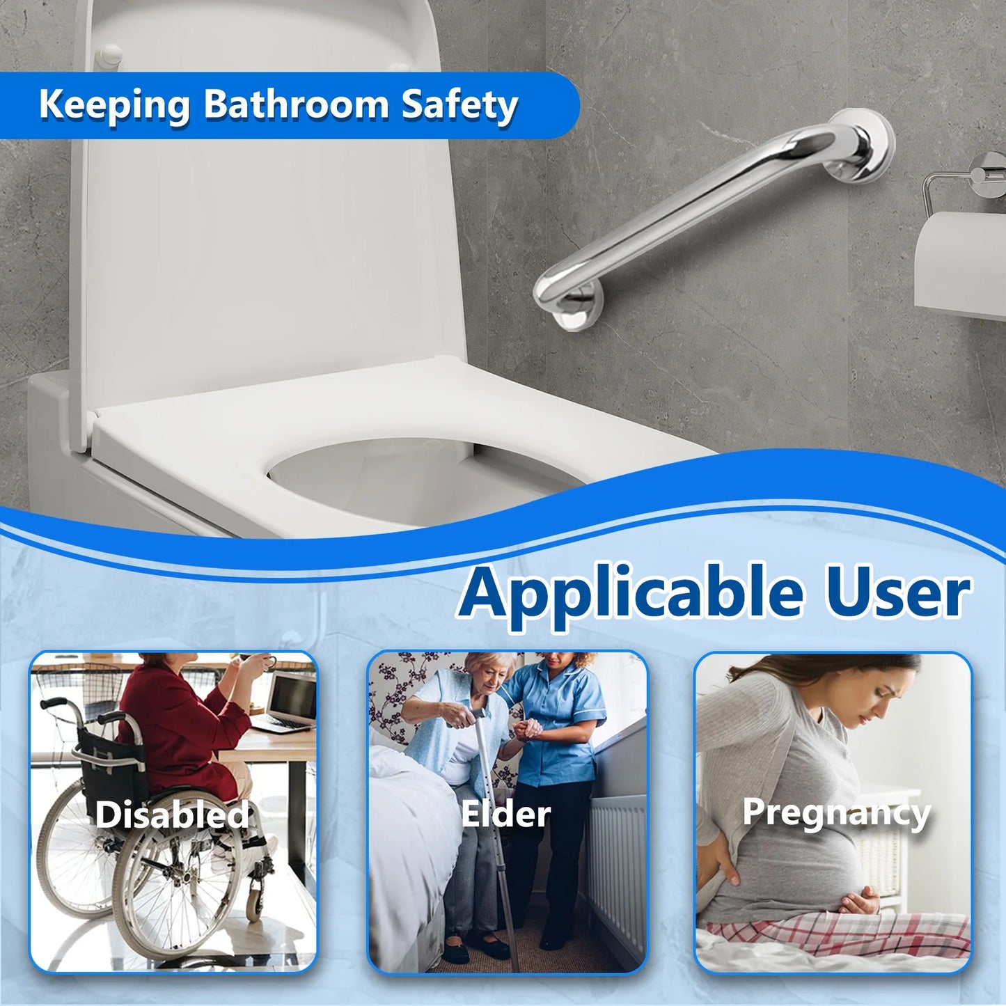 Bathroom safety grab bar with text indicating its use for disabled, elder, and pregnant users.