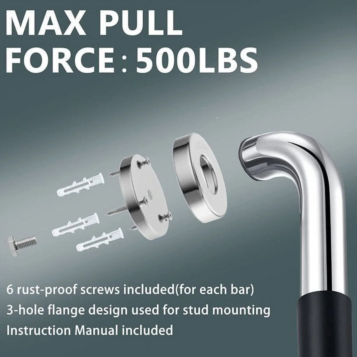 Metal door handle with screws and text about max pull force and included components on a gray background