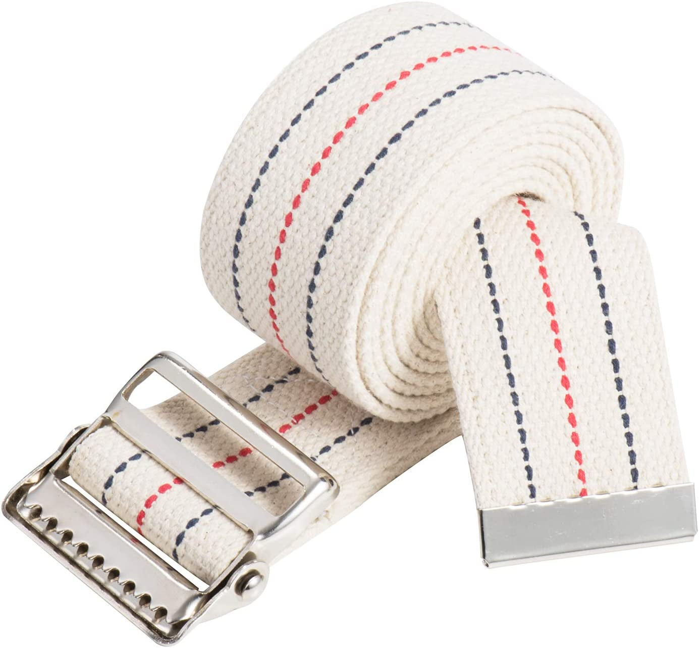 White belt with red and blue stitching and a silver buckle on a white background