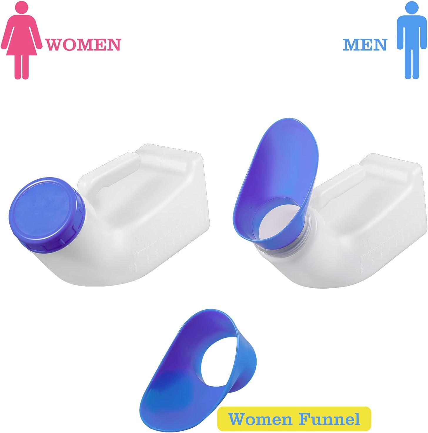 Two white funnels with blue lips, labeled for women and men on a white background.