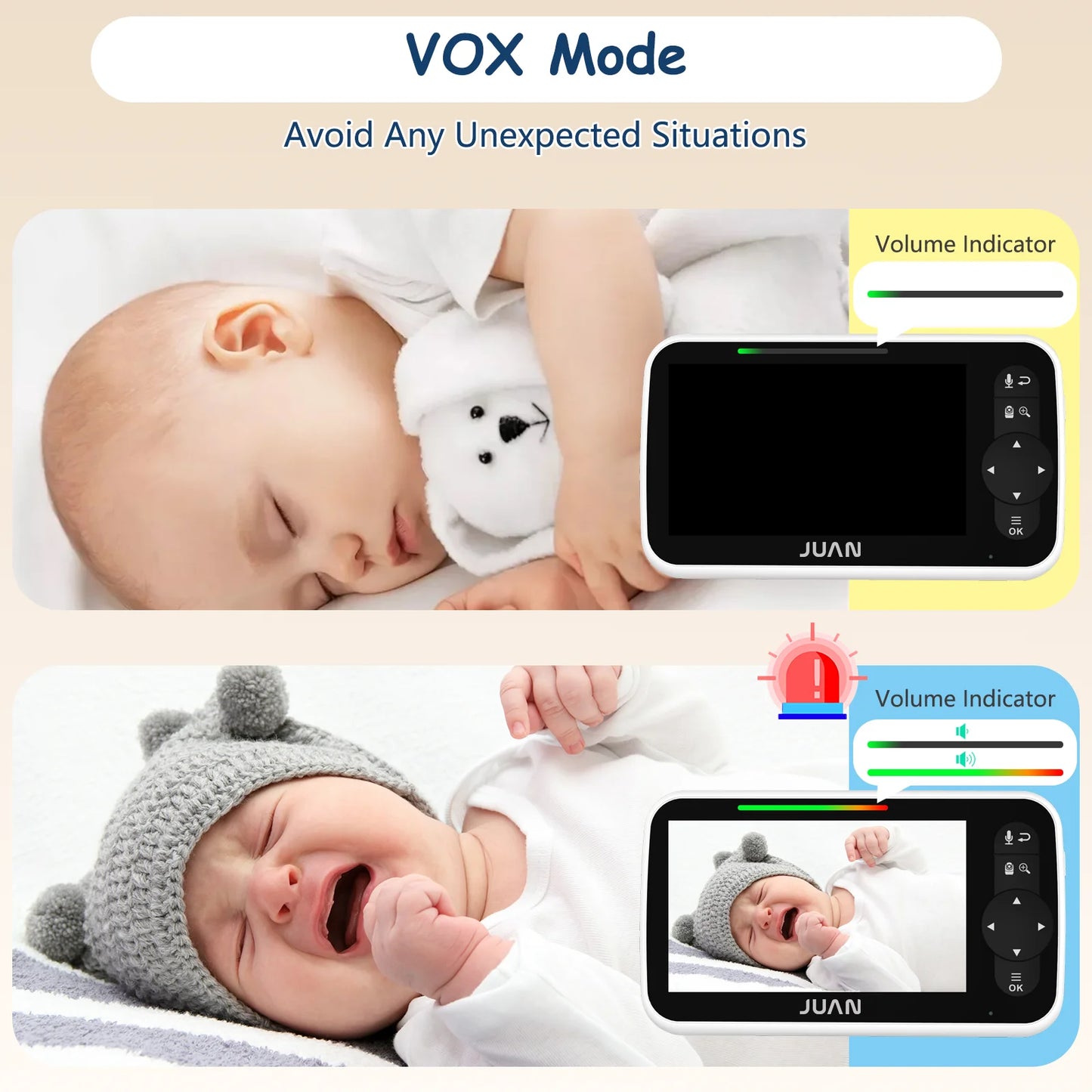 Baby sleeping with a teddy bear and a monitor displaying 'VOX Mode' feature.