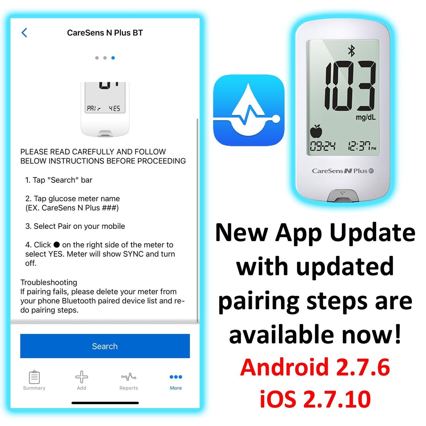 Glucose meter with app interface and text about new app update