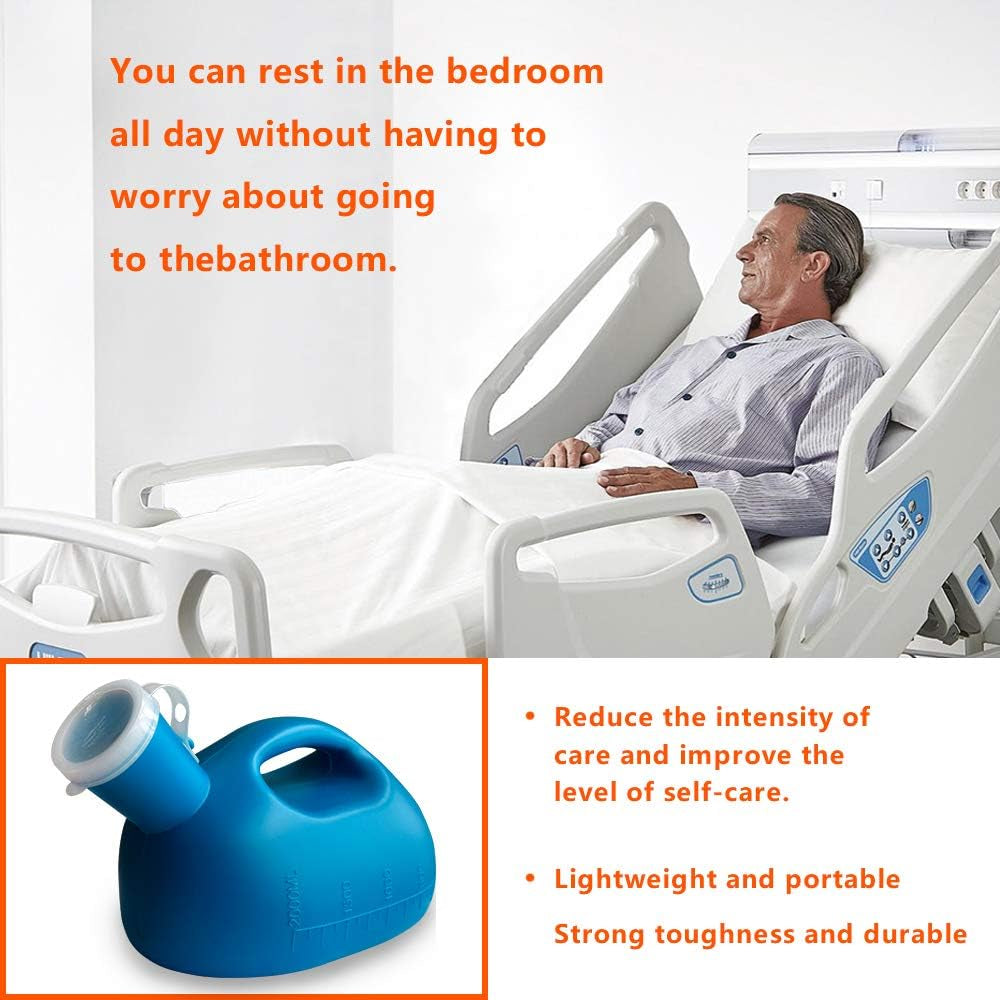 Man in a hospital bed with text about rest in the bedroom and a portable blue device.