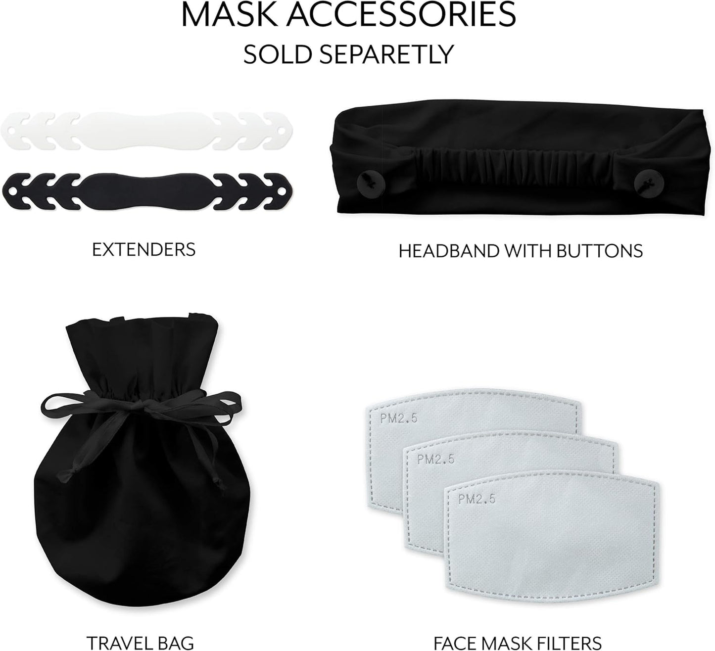Mask accessories including extenders, headband with buttons, travel bag, and face mask filters on a white background.