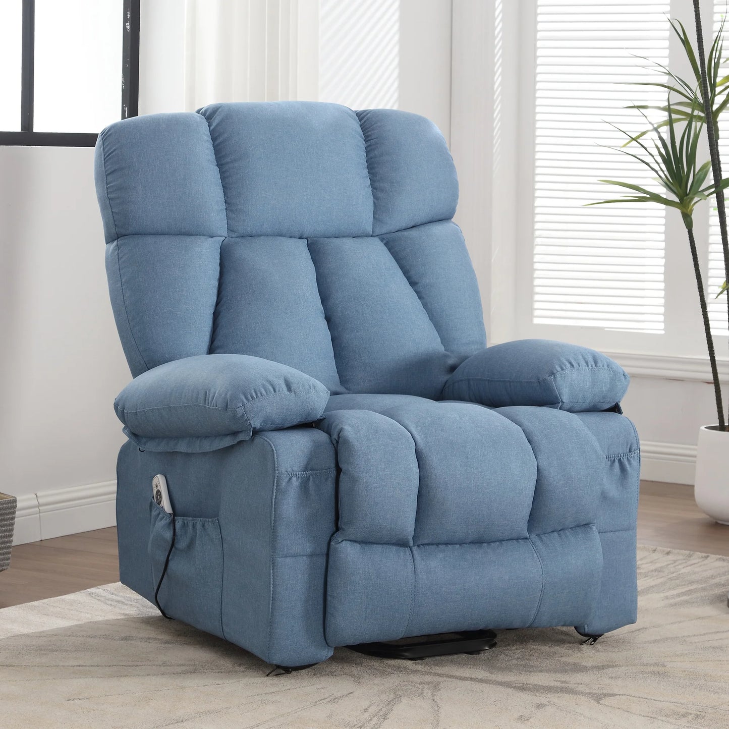 Blue recliner chair in a room with a plant and window blinds.