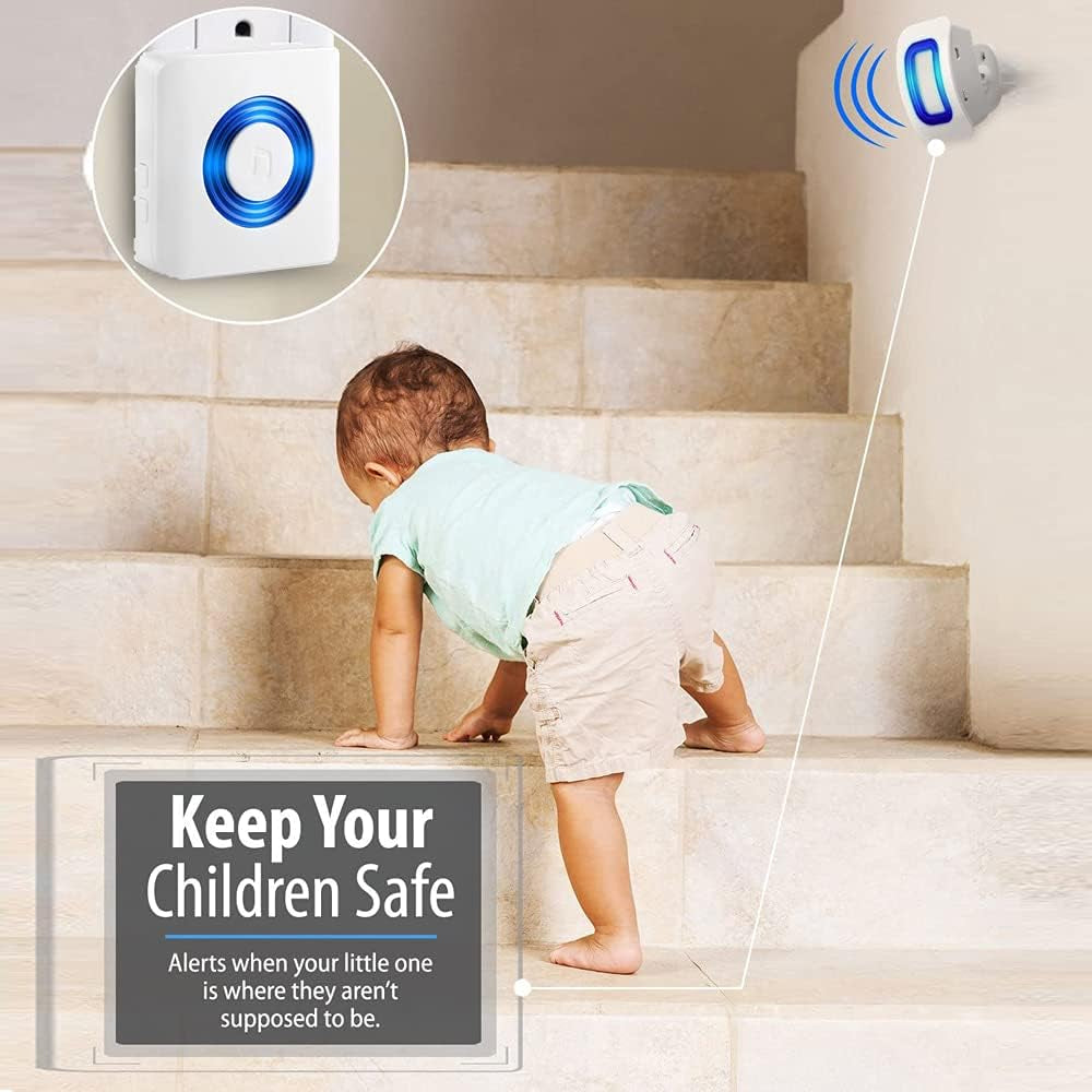 Baby on stairs with safety device and text 'Keep Your Children Safe' on a wall.
