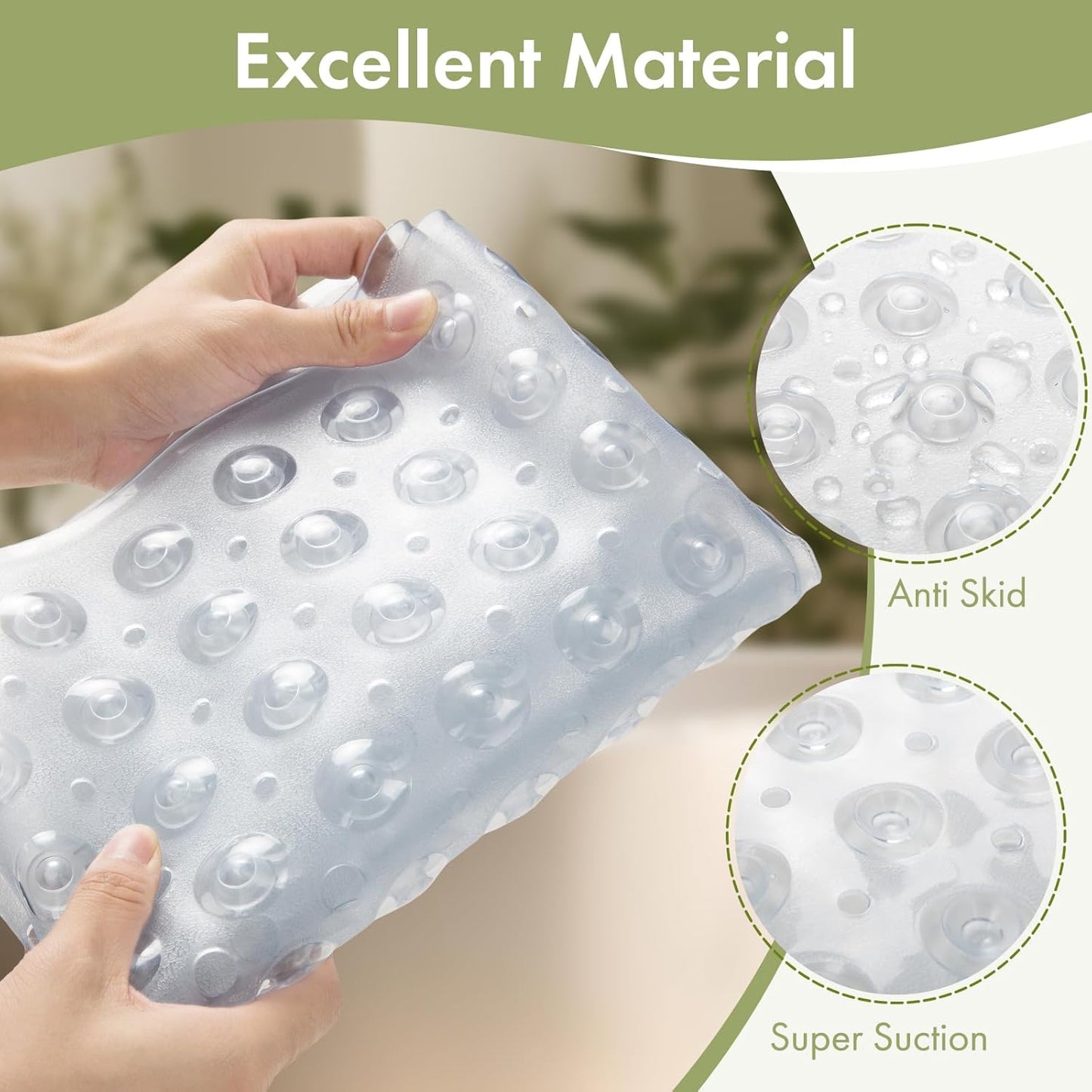 Silicone mat with anti-skid and super suction features, held by a hand.