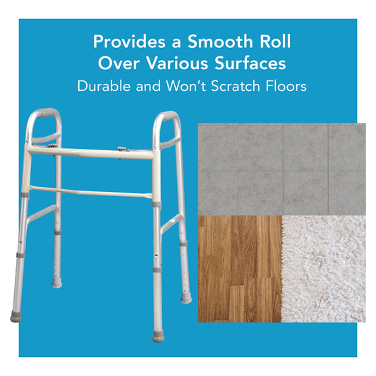 White walker with text about smooth roll over various surfaces on a blue background