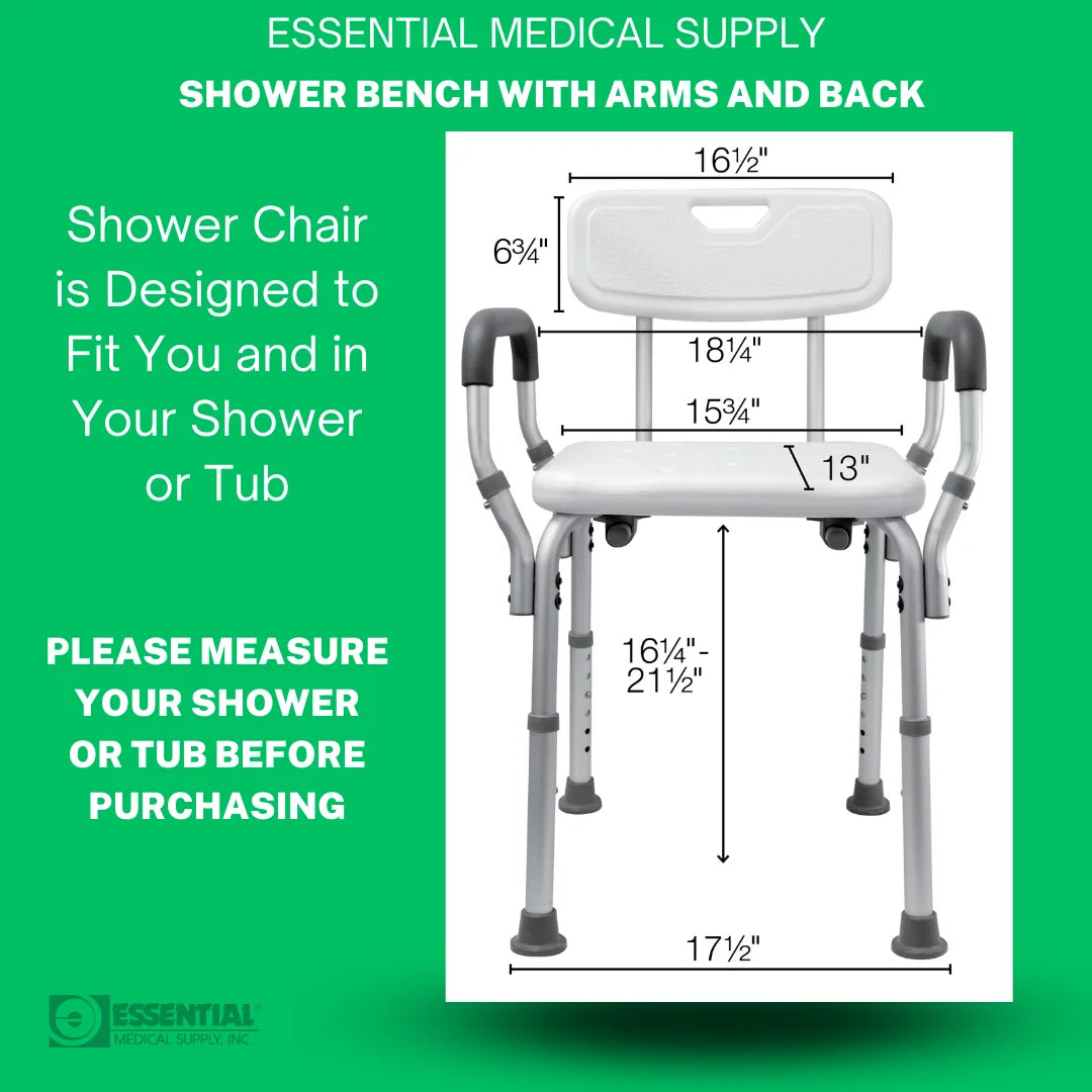 Shower bench with arms and back, dimensions displayed on a green background
