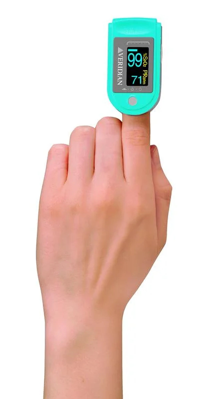 Finger pulse oximeter on a person's finger with a white background